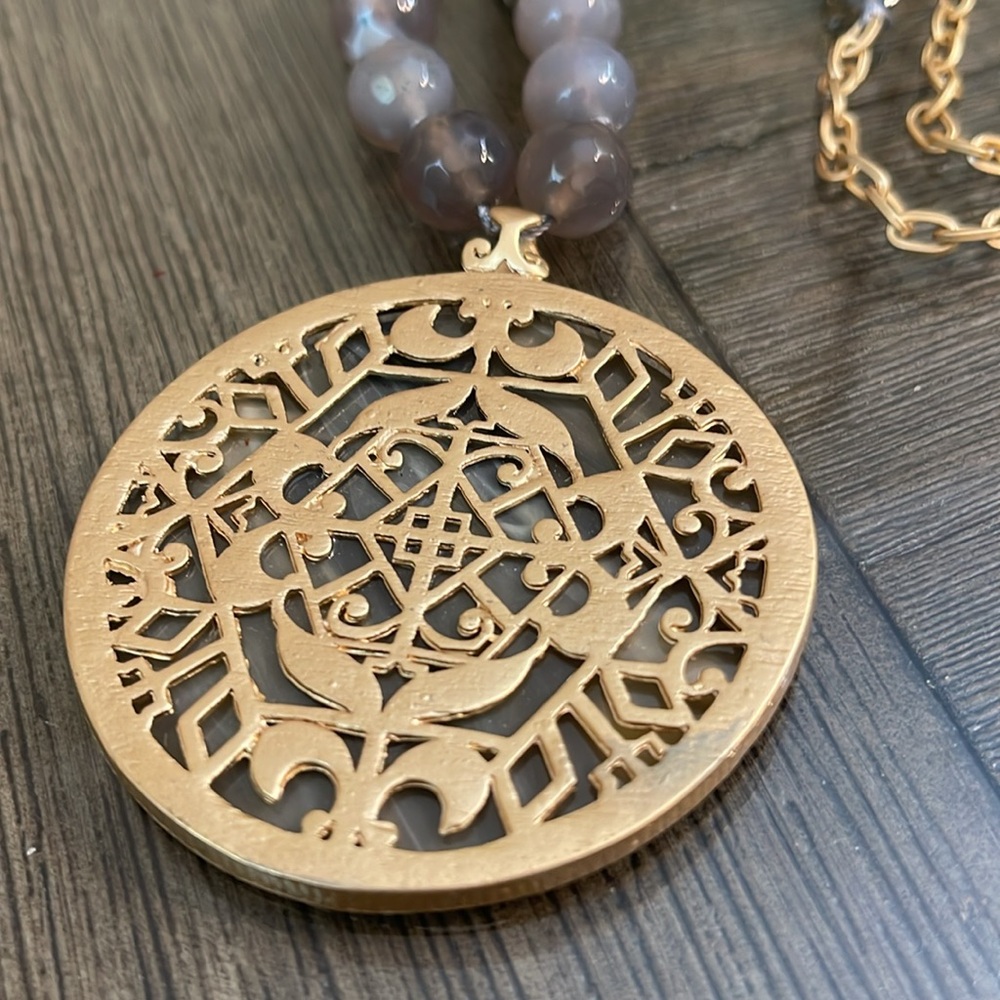 Matte Gold-tone Chain Grey Beads and Large Medallion - Picture 4 of 16